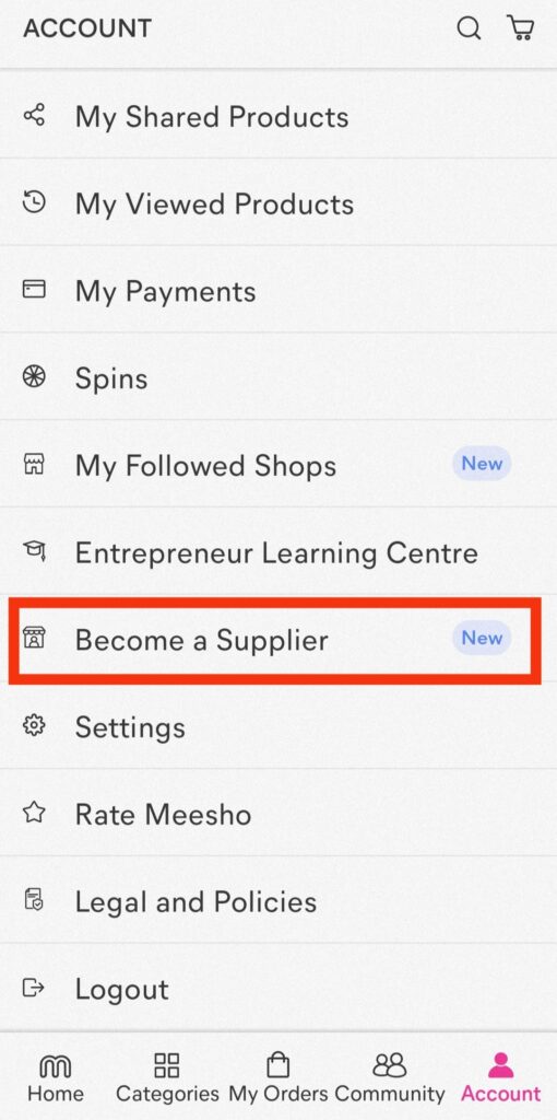 Meesho Seller Support 2023 Guide | Go to ‘Account’ to register as a supplier.