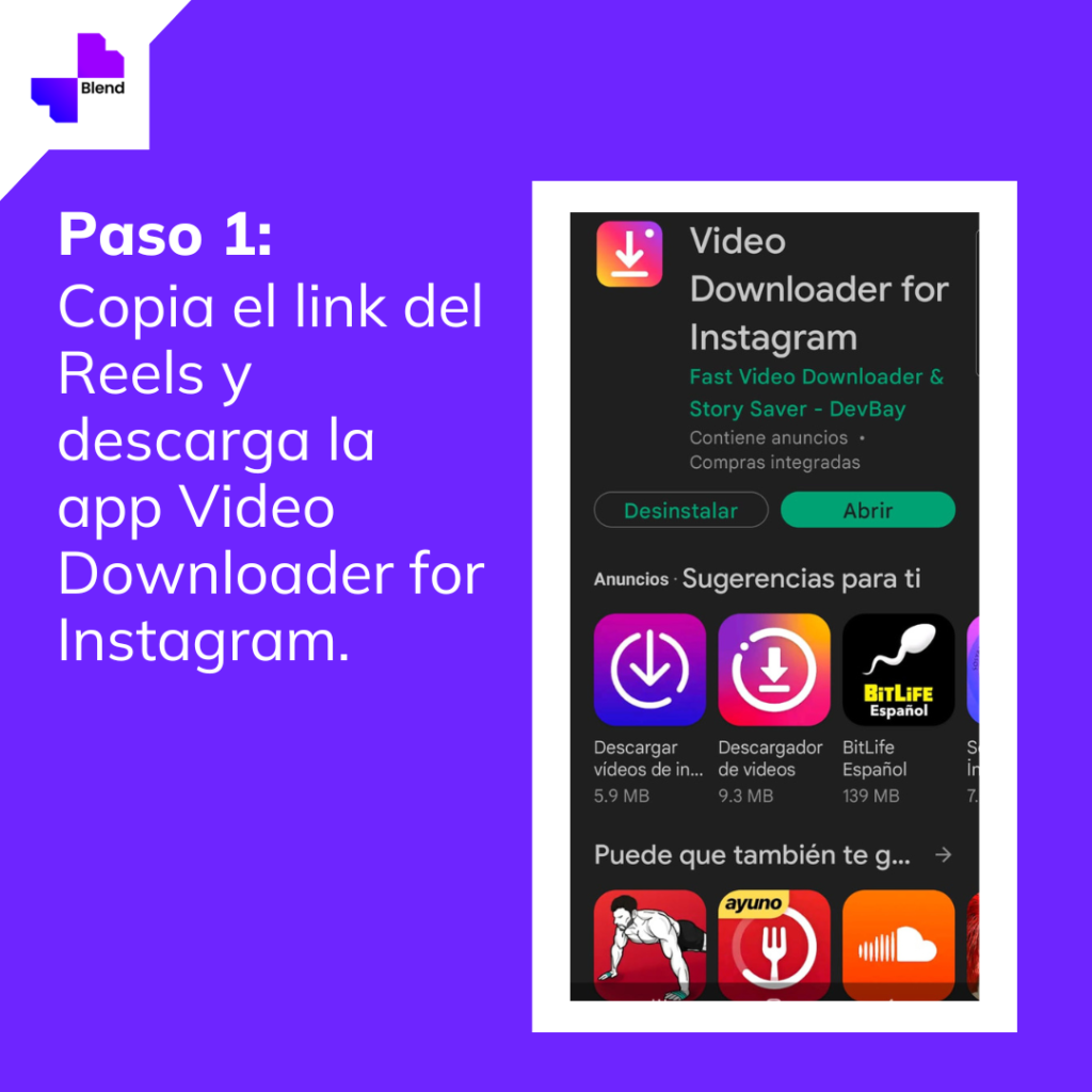 Paso 1: Copia el link del Reels y descarga la app Video Downloader for Instagram.
